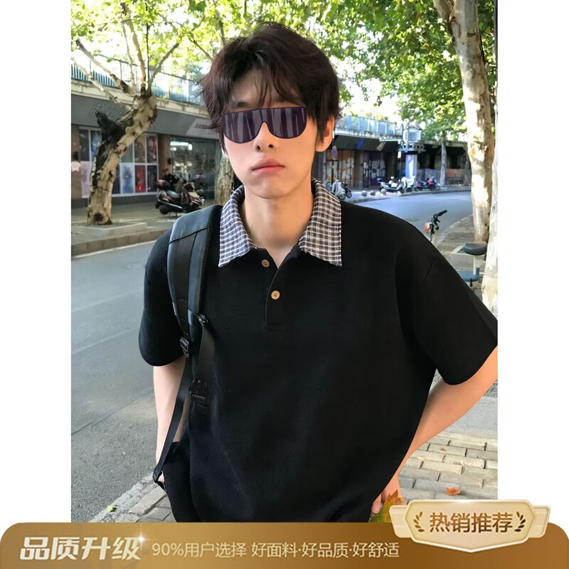 Retro Houndstooth Short-Sleeve Unisex Summer Versatile Casual Design Trendy Fashion Half-Button Turn-Down Collar Polo Shirt