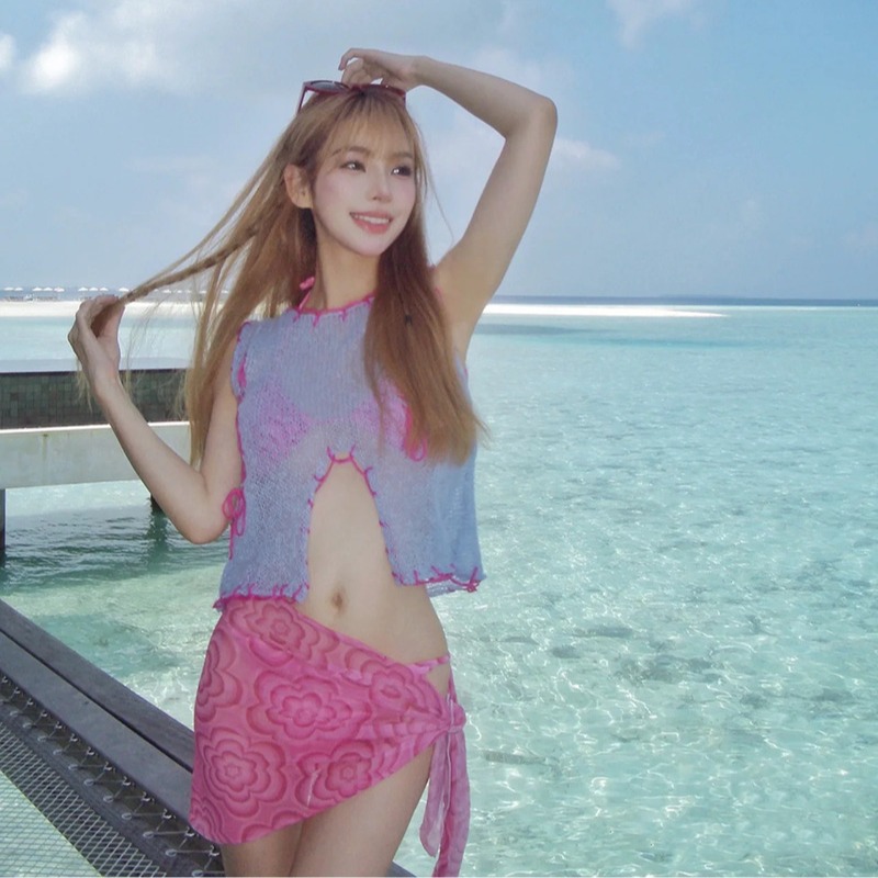 2024韓版新款印花三件套泳衣女性感露背比基尼沙灘度假罩紗bikini
