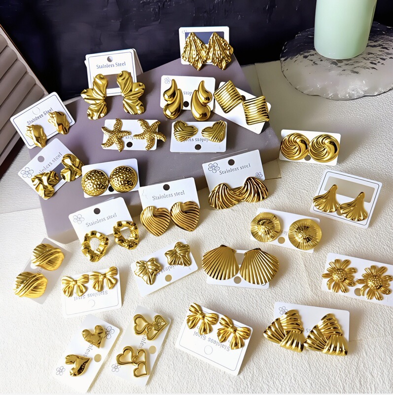 Cross-Border Exaggerated Trendy Glossy Flower Earrings Punk Minimalist Geometric Studs Stainless Steel Ear Tops Wholesale