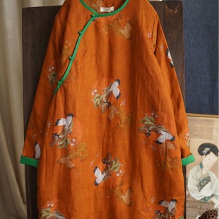 23 Winter new style linen National style printed orange round neck contrast color edge buckle cotton skirt 059009