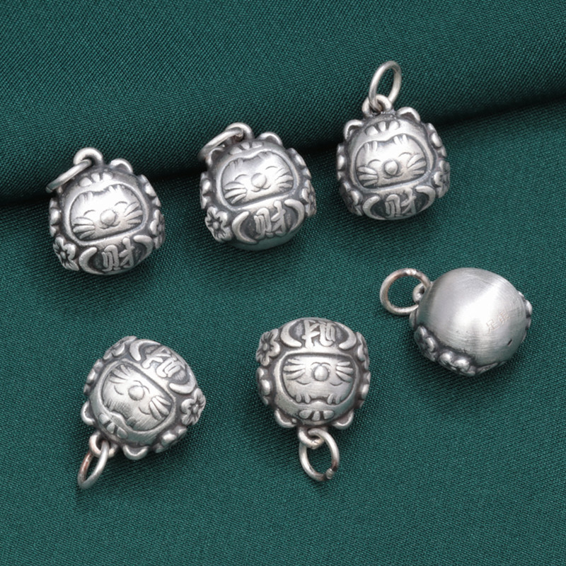 纯银吊坠990足银招财猫挂件 复古3D硬银小件坠子DIY手工串珠材料