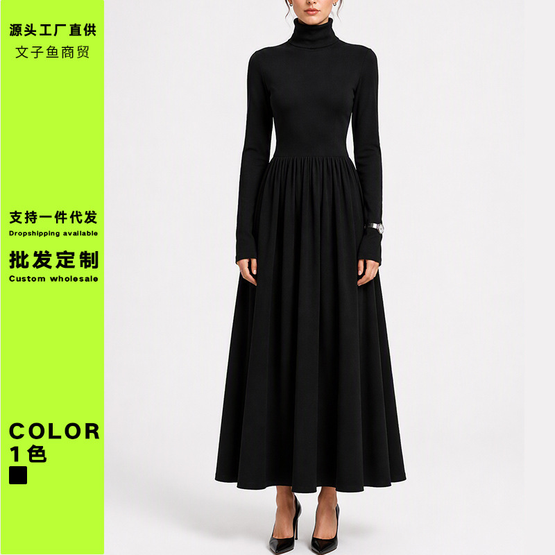 Wenziyu French-style half-high collar patchwork black dress, slimming and elegant, suitable for autumn, long knitted dress