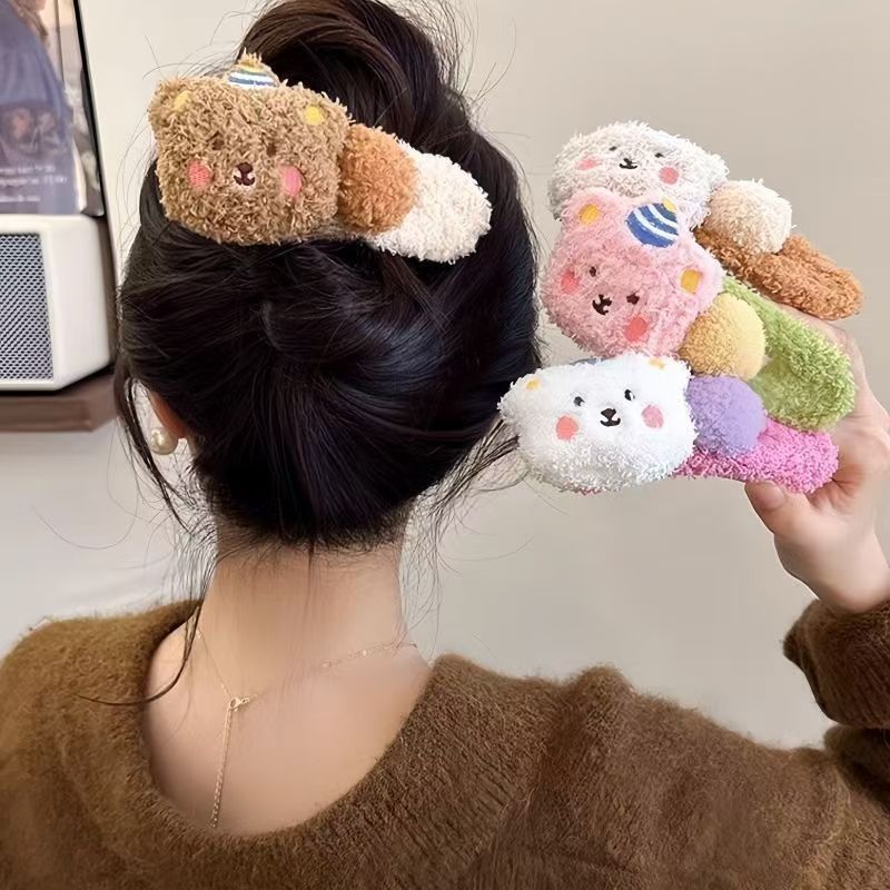 可爱小熊夹子秋冬毛绒鸭嘴夹大号超萌彩色卡通头饰少女百搭发卡|undefined