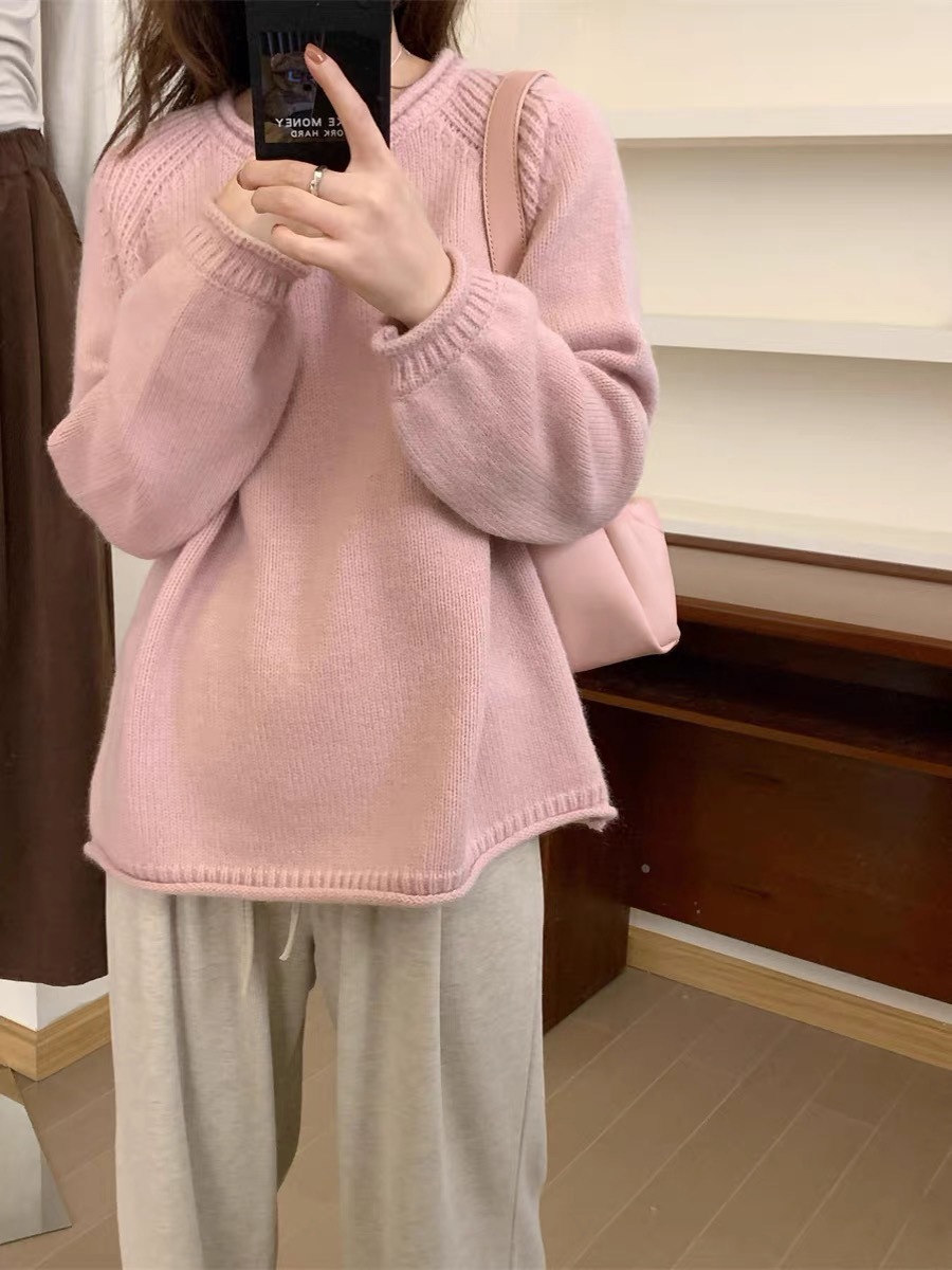 Estilo de leche suave glutinoso pullover aguja gruesa rosa roja suéter cuello redondo perezoso que basa la primavera y el otoño nuevo punto flojo superior para las mujeres image 12