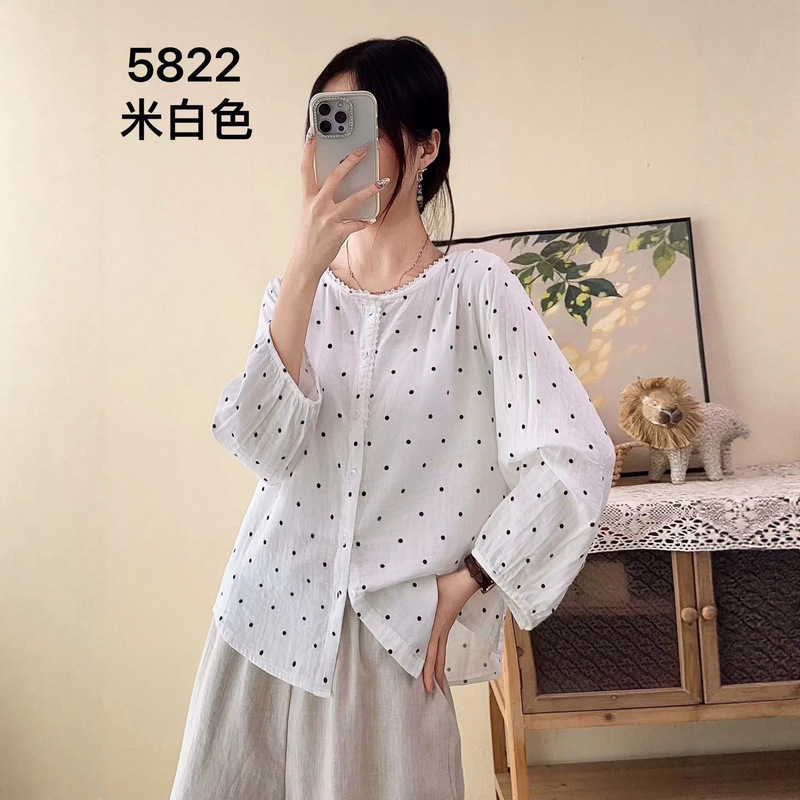 Women's Cotton-Linen Polka Dot Shirt, 2026 Autumn New Style, Loose Fit, Artistic Bubble Sleeves, Round Neck Cardigan Top Women's Cotton-Linen Polka Dot Shirt, 2026 Autumn New Style, Loose Fit, Artistic Bubble Sleeves, Round Neck Cardigan Top