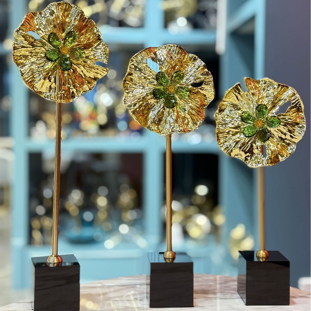 现代合金会莲叶水景水池金色荷花装饰品办公家居摆件