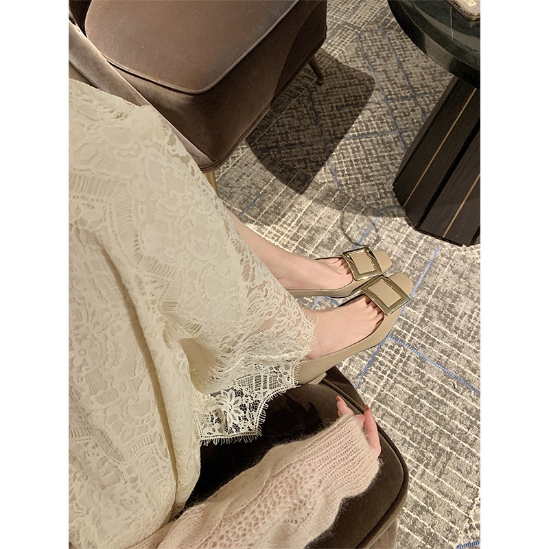 牛皮版~苏茵茵同款方扣单鞋女方头粗跟婚鞋浅口职场通勤ol高跟鞋|undefined