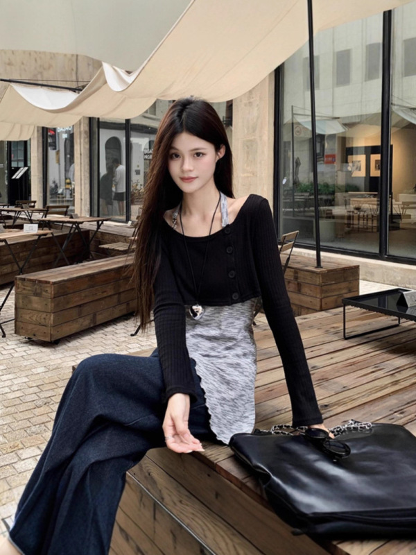 黑色露肩短款纽扣长袖T恤不规则内搭挂脖吊带背心女秋季时尚套装|undefined