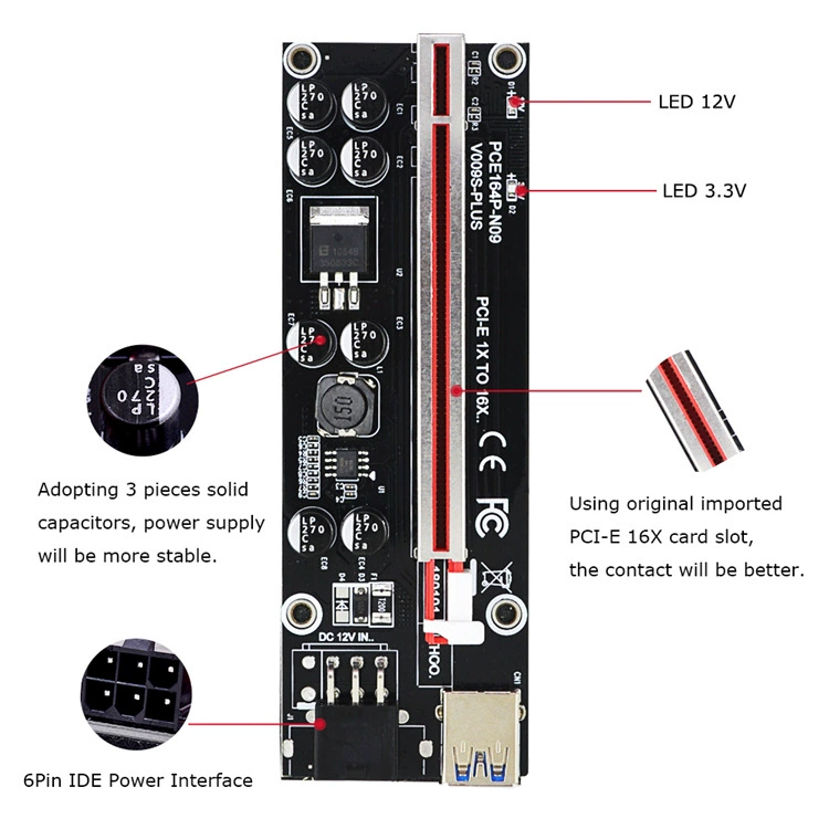 VER009S Plus Riseers PCI-E 1X к 16X адаптер 6-пин питание GPU
