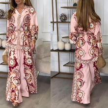 2025新款跨境独立站外贸女装时尚涂鸦印花翻领衬衫长裤两件套装