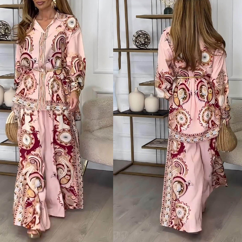 2025新款跨境独立站外贸女装时尚涂鸦印花翻领衬衫长裤两件套装