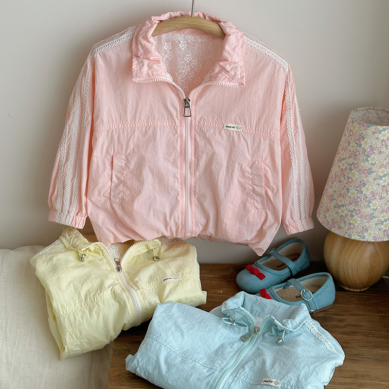 Chaqueta de protección solar para niños para niñas, estilo de verano 2025, nuevos niños, cuello alto, costura, chaqueta de encaje, ropa de piel fresca image 6
