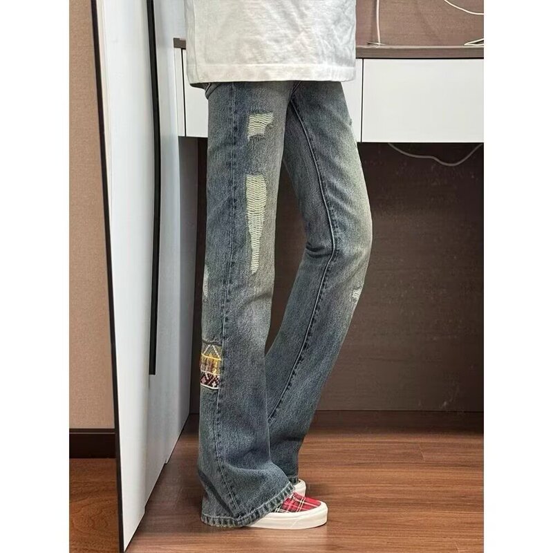 Cross-Border Ethnic Style Patchwork Denim Jeans for Men, American Retro Straight-Leg Pants with a Slight Flare and Drape Effect, Trendy