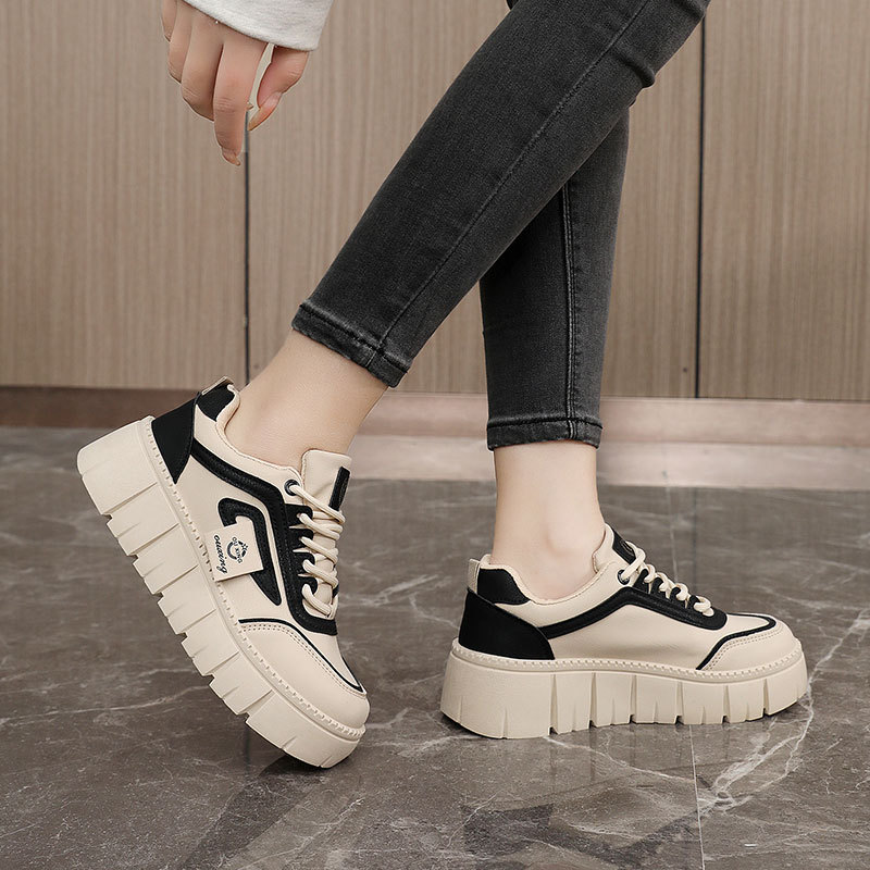 SH312 Neue Damen-Plateauschuhe mit Farbblock-Design für Frühling und Herbst 2025, dicke Sohle, Leder, höhenverstärkend, schlicht, für Studentinnen_voghion.com