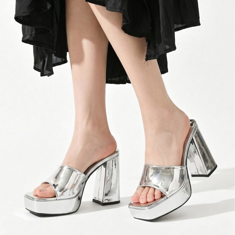 Manufacturer supplies European and American style large size chunky heel sandals for women, shiny backless high heels, exclusively for cross-border foreign trade Manufacturer supplies European and American style large size chunky heel sandals for women, shiny backless high heels, exclusively for cross-border foreign trade