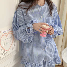 实拍2025春季新款睡衣蓝色条纹圆领家居服荷叶边套装带发圈女批发
