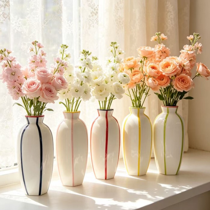 Cross-Border Line-Pattern Ceramic Vase, Entryway, Dining Table, Bookshelf Ornament, Hand-Painted Minimalist Line-Pattern Non-Porous Hydroponic Vase