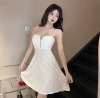 Sexy low cut zipper decorated large hem suspender dress