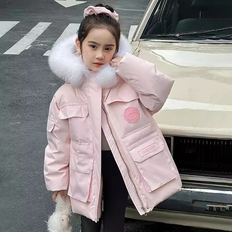 女の子の毛皮の襟の作業服ミッドレングスダウンジャケット新しい韓国スタイルの子供用パーカーウォームジャケット冬ジャケット|undefined
