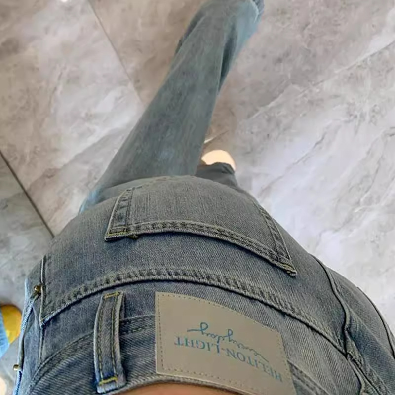 冰蓝色不贴腿微喇牛仔裤女2025夏季新款美式低腰显瘦浅色拖地裤子|undefined