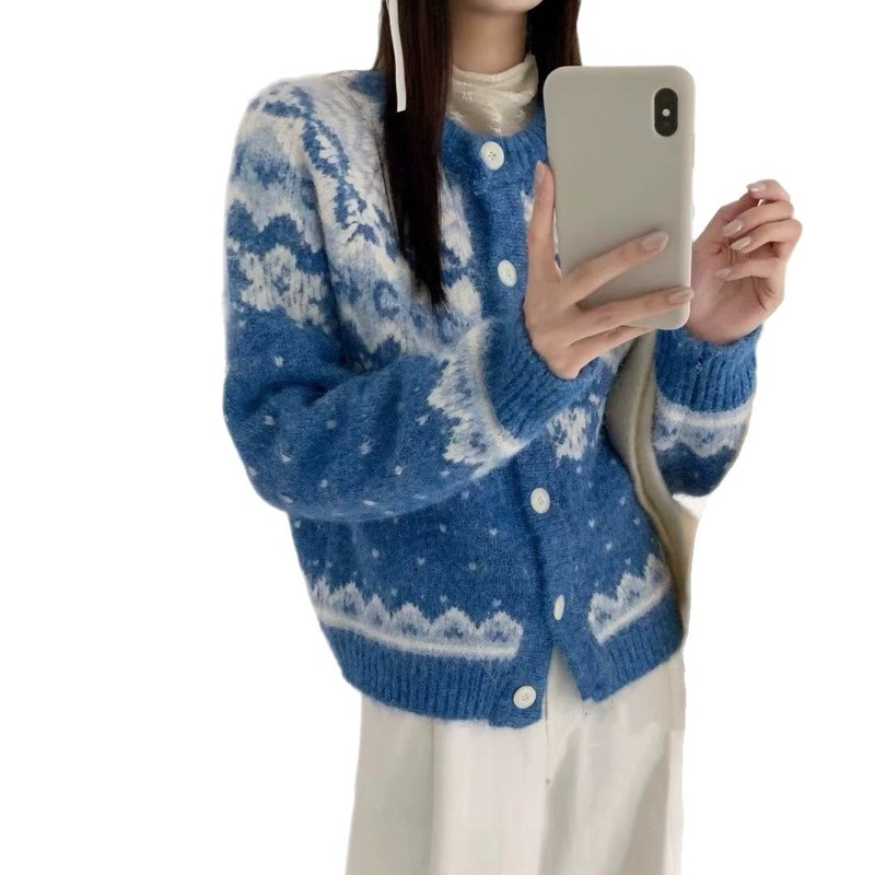 法式软糯慵懒松弛感针织衫高级感针织开衫蓝色毛衣外套女2025秋冬|undefined