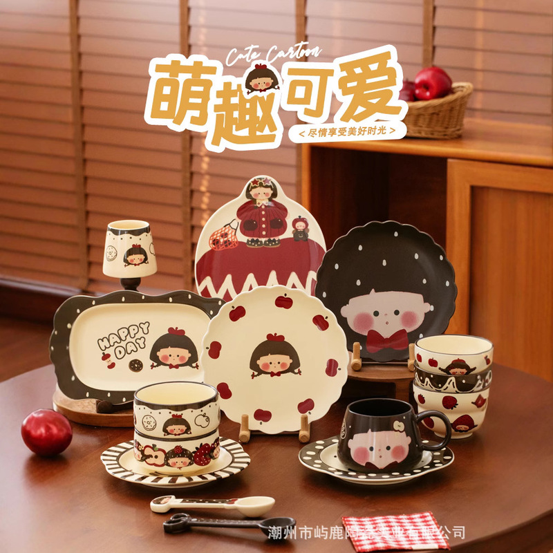 Vintage Girls Ceramic Tableware suit Household Rice Bowl Plate Housewarming Wedding Gift Special Birthday Gift for Women