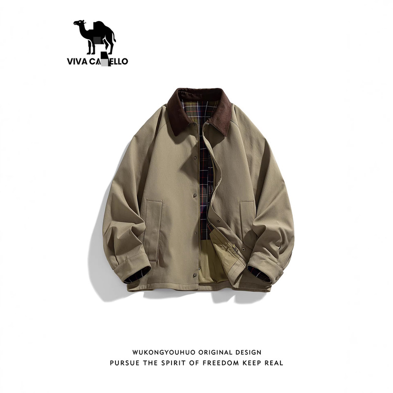 Long Live Camel! Trendy Brand Plaid Color-Blocked Lapel Workwear Jacket for Men and Women, Spring Vintage Loose-Fitting Versatile Casual Jacket