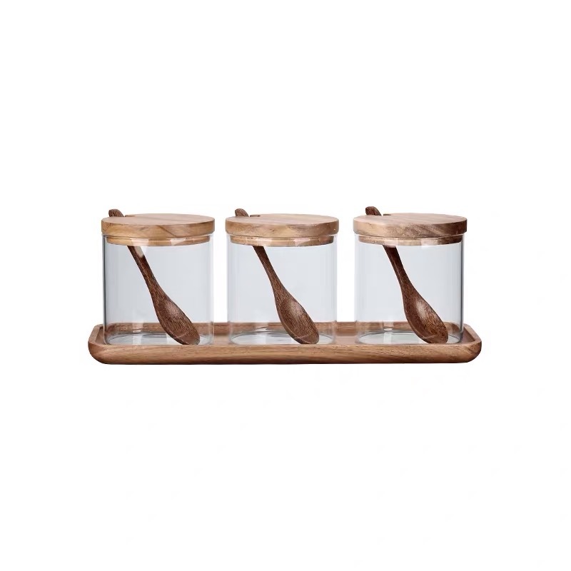 Condimento de vidrio de madera de acacia Jar condimento de cocina condimento caja hogar cocina azúcar y sal tarro condimento con cuchara traje combinación