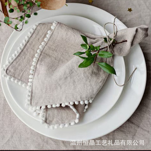 Linen Napkin Pompom Decoration Sand Washed Linen Table Cloth Table Linen Customization