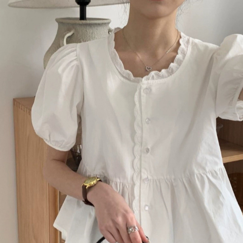 Top Baby Doll Shirt Women's Shirt Sweet New Summer Korean Style Cotton Puff Sleeves Top Baby Doll Shirt Women's Shirt Sweet New Summer Korean Style Cotton Puff Sleeves