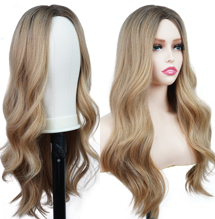 Wholesale European and American cross-border chemical fiber high temperature silk wigs wigs flaxen big wavy middle parted _voghion.com