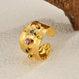 欧美时尚创意宽面彩色锆石镶嵌开口戒指ins钛钢不掉色14k金指戒女