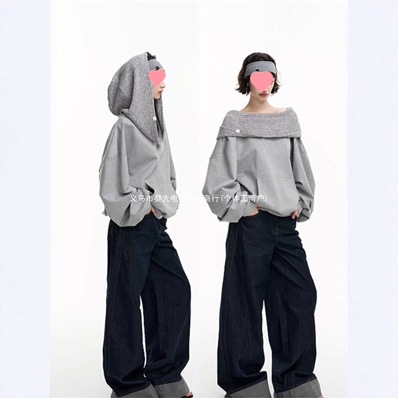 American-style loose-fitting gray long-sleeve off-shoulder hooded sweatshirt with a wasteland-style collar, women's 2025 new design top American-style loose-fitting gray long-sleeve off-shoulder hooded sweatshirt with a wasteland-style collar, women's 2025 new design top