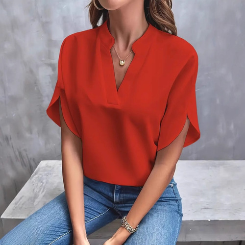 Amazon European and American Cross-border International Trade Women's Fashion Summer Casual Solid Color V-neck Loose Shirt Top for Women