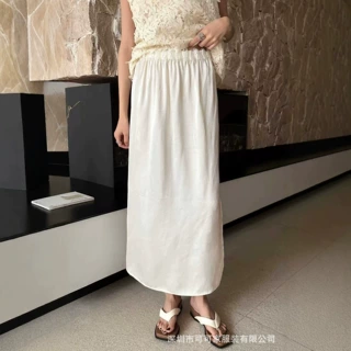 松紧腰蕾丝铜氨丝侧开叉半身裙女2026夏季新款高腰显瘦直筒裙半裙