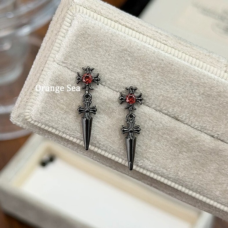 Orangesea Dark Sweet Cool Style Cross Spike Ear Bone Stud Titanium Steel Unique Spicy Girl Black and Red Earrings