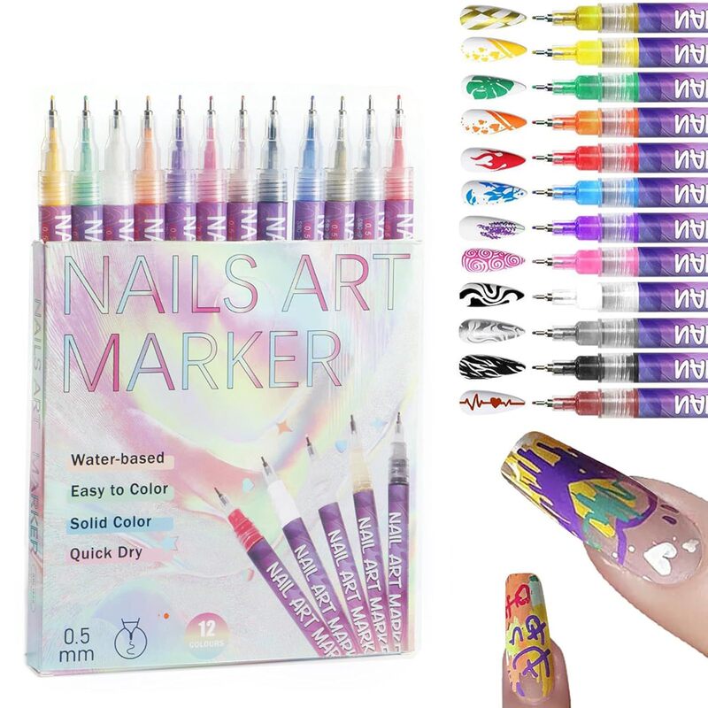 Cross-Border New Model 0.5mm 12-Color Nail Art Pen Set DIY Nail Art Pens Dotting Pens Painting Graffiti Brushes