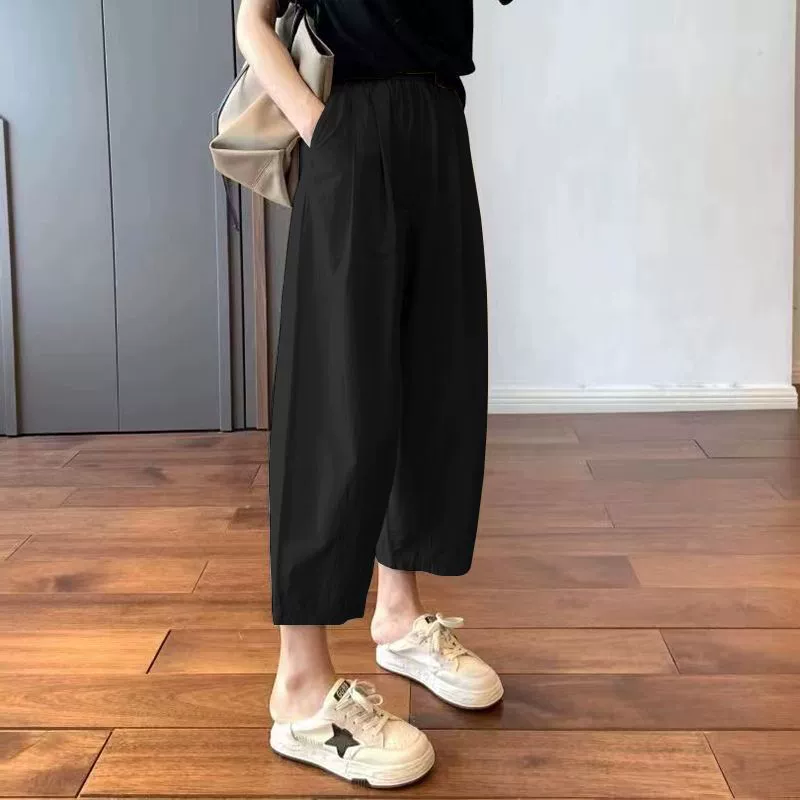 2025 Воздушные дышащие брюки в японском стиле для женщин, летние тонкие укороченные хлопковые брюки, увеличивающие рост и стройнящие, модные повседневные брюки для миниатюрных размеров.