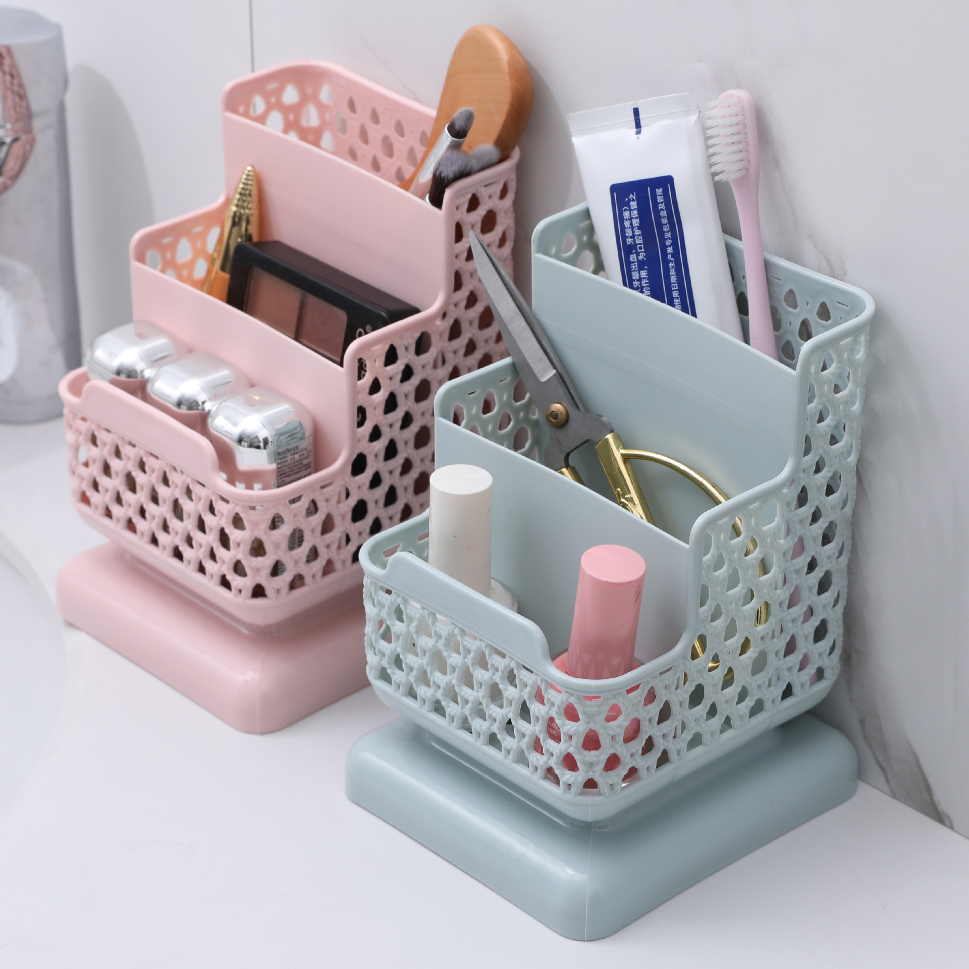 Caja de almacenamiento de cosméticos hueca de escritorio, soporte para teléfono móvil, portalápices de almacenamiento para estudiantes multifuncional de tres capas de plástico de oficina