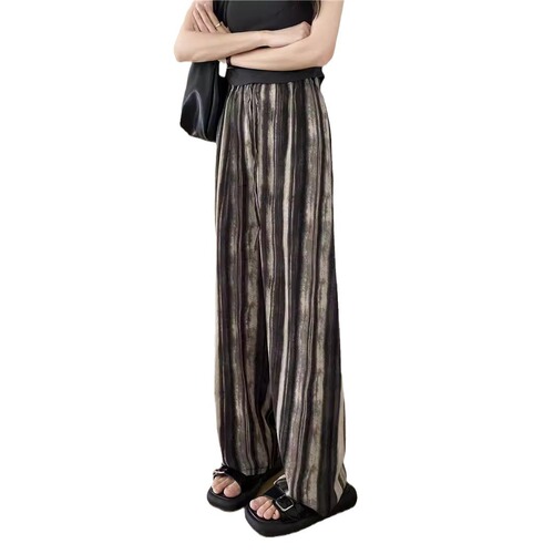 Women's Summer Brocade Ink Wash Wide Leg Pants with Drape, Slimming, New Chinese Style Floor-Length High-Waist Straight Leg Pants