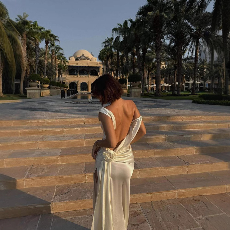 2025 spring and summer cross-border Europe and the United States new high quality satin temperament flower dress slit dress HY149 2025 spring and summer cross-border Europe and the United States new high quality satin temperament flower dress slit dress HY149