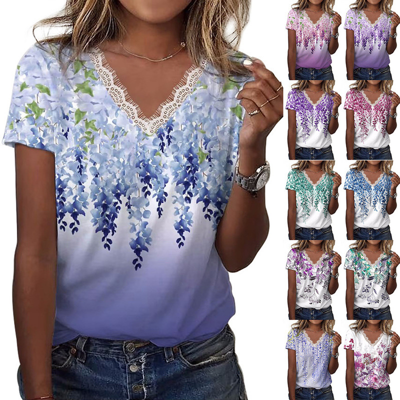 2026 Summer New Style Temu Cross-Border European and American Women's Casual Loose Printed V-Neck Lace Short-Sleeve T-Shirt 2026 Summer New Style Temu Cross-Border European and American Women's Casual Loose Printed V-Neck Lace Short-Sleeve T-Shirt