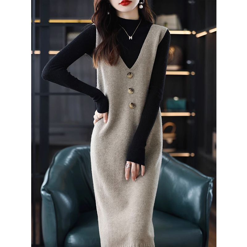 Chaleco de punto chaleco falda ropa exterior para mujer primavera y otoño 2024 nuevo vestido de suéter sin mangas suelto sobre la rodilla image 3