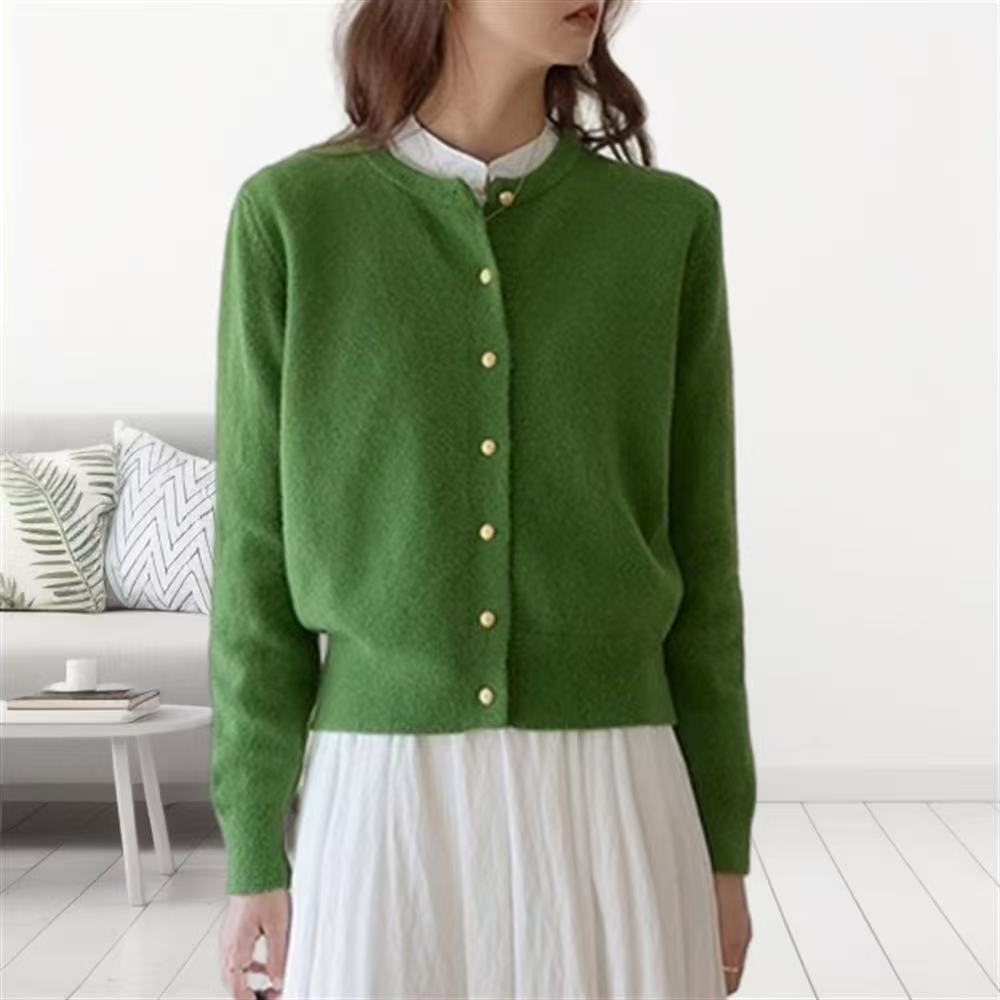 Classic Round-Neck Knit Cardigan – Lightweight Button-Up Sweater (Relaxed Fit, Solid Gray/White/Red/Green, Effortless Layering Staple)_voghion.com