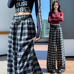 秋季复古格子休闲裤女2025新款阔腿宽松慵懒风松紧腰设计小众裤子