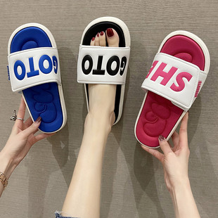 Summer New Fashion Letter Slippers for Female Couples Thick-soled Non-slip Beach Sports Velcro Sandals for Men to Wear Outside