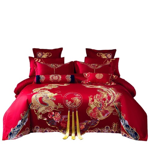 Long-staple cotton wedding four-piece wedding room bright red pure cotton high-end Chinese dragon and phoenix embroidery bedding Nantong City
