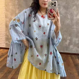 苎麻衬衫女 2026夏款中式圆领文艺风刺绣雏菊百搭休闲防晒罩衫T恤