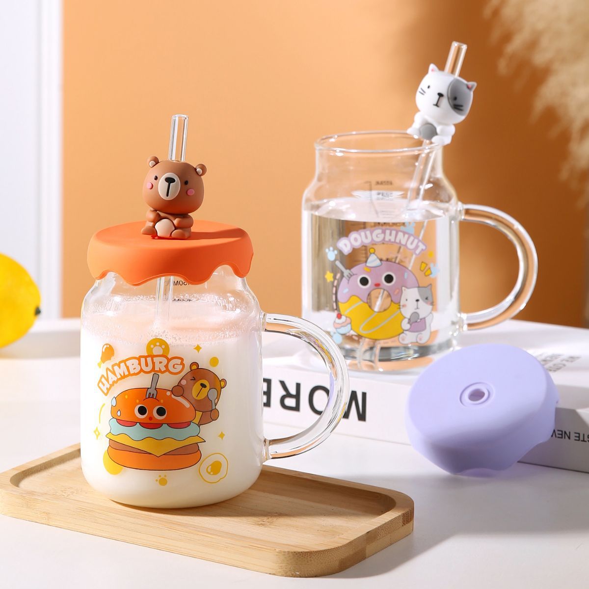 Creativo de dibujos animados personalizado animal paja vidrio con taza de regalo de escala taza de alto aspecto lindo