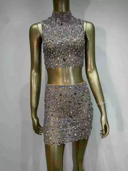 Cross-Border Amazon Women's Clothing New European and American Hot Girl Suit Rhinestone Mesh See-Through Skirt Suit Nightclub Sexy Clothes